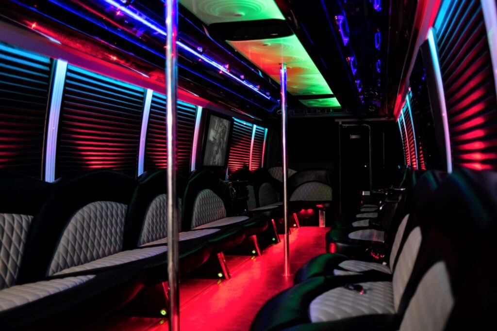 Inside decor of party bus to hire this summer in Louisville